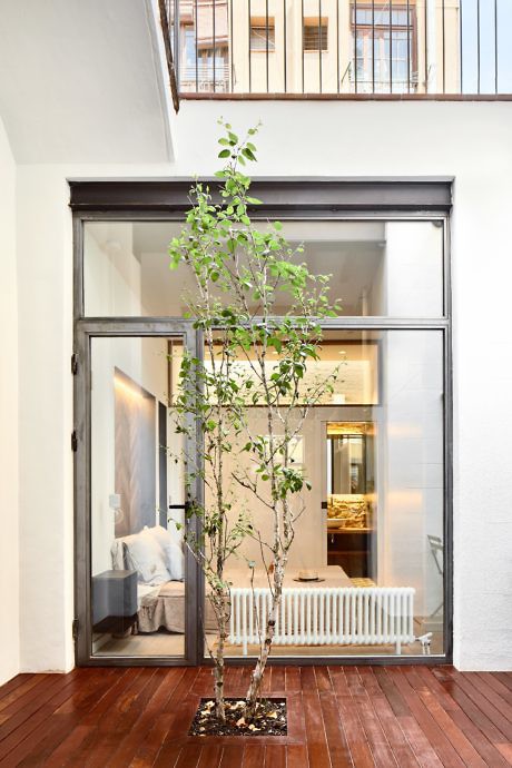 Bright atrium with tree, sliding glass doors, and upper gallery.