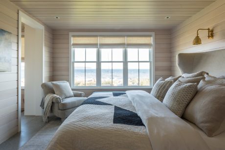 Cozy bedroom interior with a large bed, window view, and soft lighting.