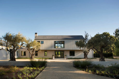 Modern house with metal roof and two flanking trees.