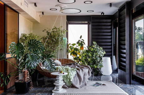 Modern living room with hanging chair, abundant plants, and stylish décor.