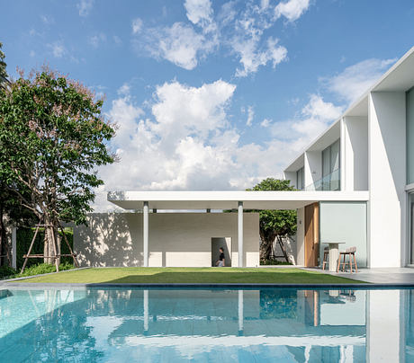 Modern house with a pool and clear skies.