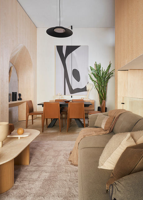 Contemporary living space with wood accents and minimalist decor.