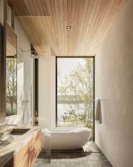 Contemporary bathroom with wood ceiling, lake view, and freestanding tub.