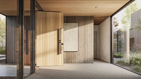 Modern room with wooden walls, ceiling, and large glass door.