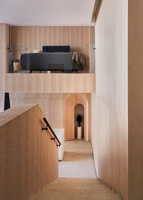 Contemporary interior with wooden textures and minimalist design.