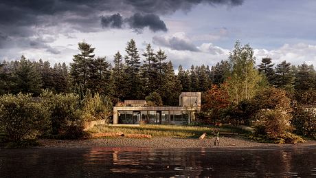 Contemporary glass house nestled in a forest by a lake.