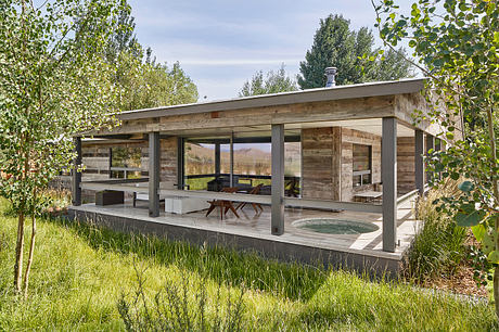 Modern glass-walled cabin with wooden accents surrounded by greenery