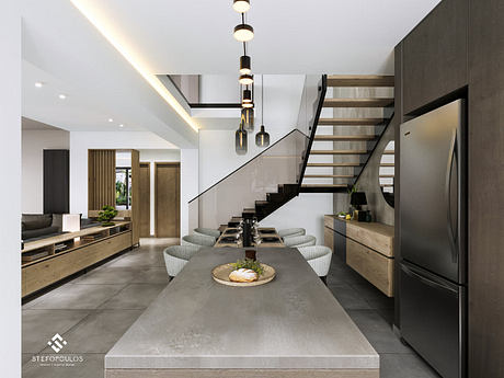 Sleek, modern interior with concrete countertop, wooden furniture, and sophisticated lighting.