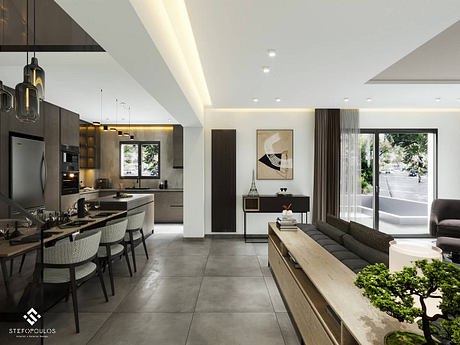 Sleek, modern kitchen with minimalist cabinetry, open living area, and large windows.
