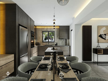 A modern kitchen and dining room with sleek, minimalist furniture and decor.