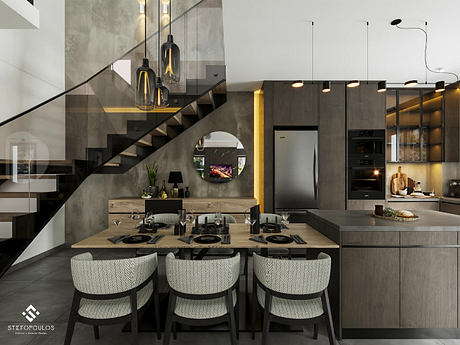Modern kitchen with sleek black cabinets, pendant lighting, and a wooden dining table.
