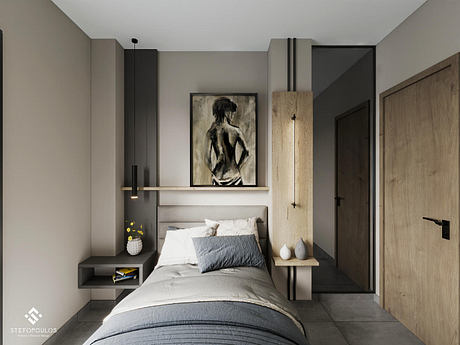 Minimalist bedroom design with sleek wooden accents, artwork, and integrated lighting.