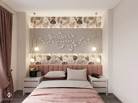 Stylish bedroom with tropical wallpaper, statement lighting, and plush upholstered headboard.