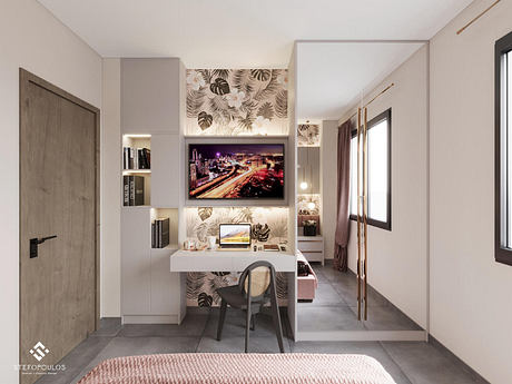 Minimalist bedroom design with tropical-patterned accent wall, built-in desk, and large TV.