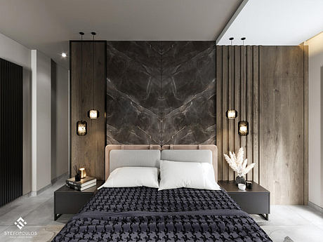 Sleek modern bedroom with black marble feature wall, wood paneling, and pendant lighting.