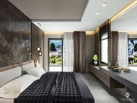 Spacious modern bedroom with large window, black marble accent wall, and minimalist furnishings.