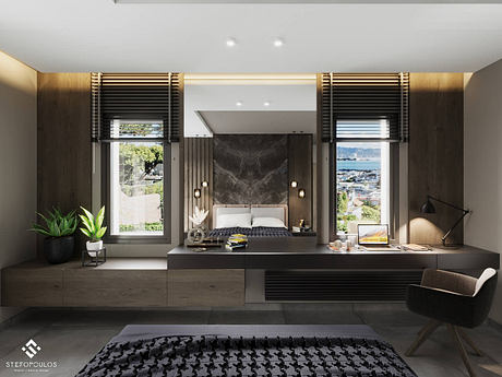 Sleek, modern bedroom with marble accent wall, built-in furniture, and panoramic city view.