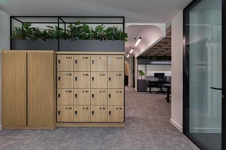 Modern office design with wood lockers, hanging plants, and an open workspace beyond.