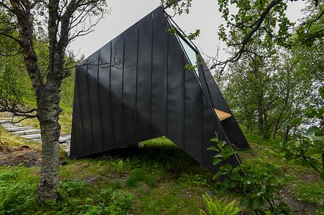A modern, angular black structure nestled among the lush, verdant foliage.