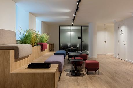 Sleek, modern interior design with wooden furniture, potted plants, and colorful accents.