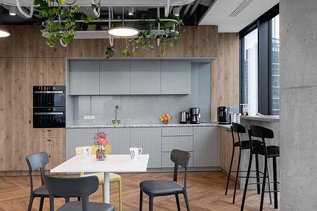 Sleek modern kitchen with gray cabinets, wooden walls, and hanging plants. Minimalist design.