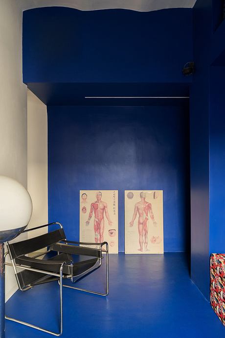 A stark, minimalist room with vibrant blue walls, an anatomical diagram, and a sleek chrome chair.