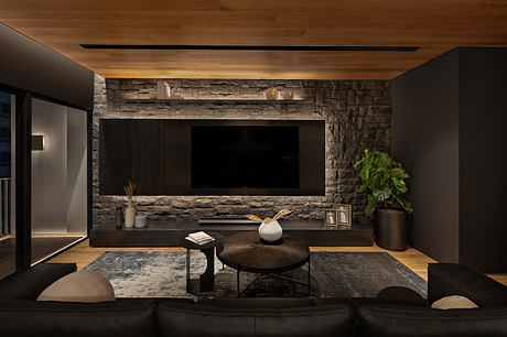 Warm, modern living room with stone wall, wood ceiling, and minimalist furnishings.