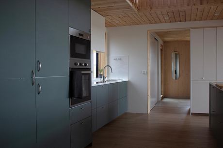 Modern, minimalist kitchen with slate gray cabinets, stainless steel appliances, and wooden ceiling.