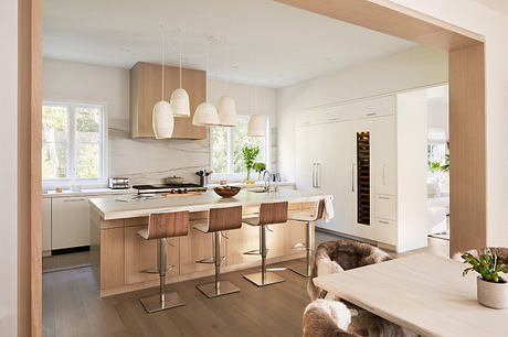 Bright, modern kitchen with wood cabinetry, pendant lighting, and built-in appliances.