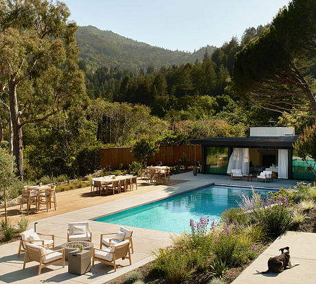 Luxurious outdoor living space with a pool, cabana, and lush landscaping against a forested backdrop.