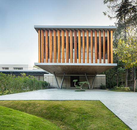 A modern wood and concrete structure with a prominent roof overhang and a bonsai tree in the foreground.