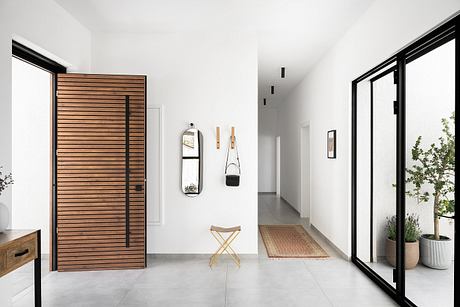 Modern hallway with wooden accent wall, mirrors, and potted plants. Sleek and minimal design.