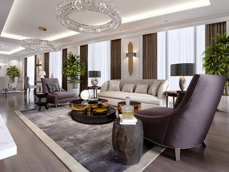Luxurious living room with grand crystal chandeliers, elegant curtains, and plush furnishings.
