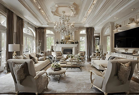Luxurious living room with ornate ceiling, chandelier, and plush seating arrangement.
