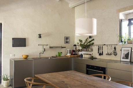 Minimalist kitchen with wooden table, metal cabinets, and plants accentuating the space.