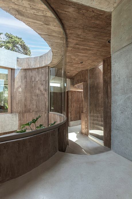 Curved concrete walls, wooden ceiling, and a curved glass window overlooking greenery.