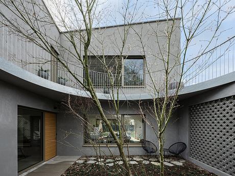 Sleek modern architecture with trees and minimalist outdoor furnishings.