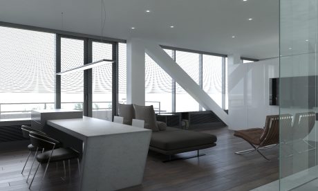 Sleek, modern interior with large windows, clean lines, and minimalist furnishings.