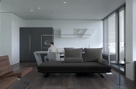 Sleek, minimalist interior with modern furniture, ambient lighting, and clean lines.