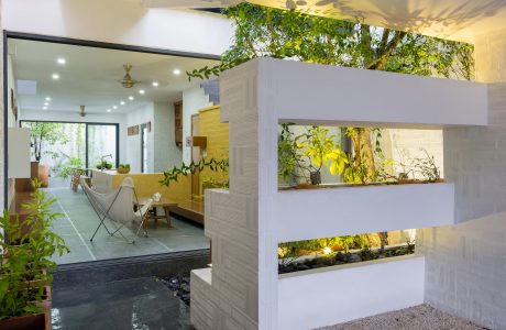 A minimalist indoor space with greenery, skylights, and a reflection pool adding a tranquil ambiance.