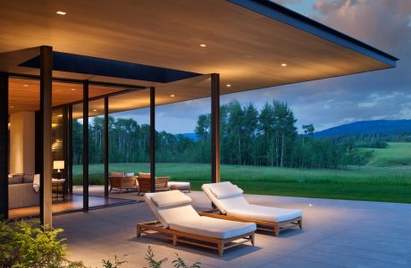 Spacious modern veranda with floor-to-ceiling glass windows offering scenic views of the countryside.