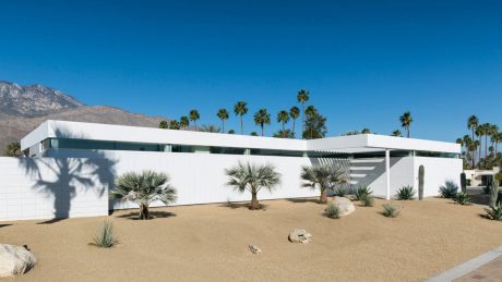 Sleek modernist architecture with a desert-inspired landscape and palm trees.