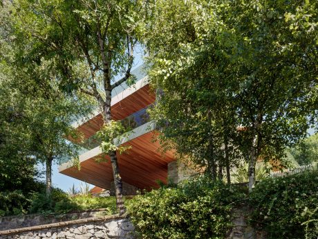 A modern, wooden-clad structure nestled amidst lush greenery, with a striking angular design.