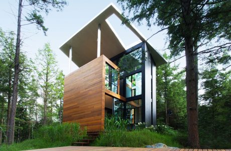 Striking modern cabin nestled in lush forest, featuring sleek glass and wood design.