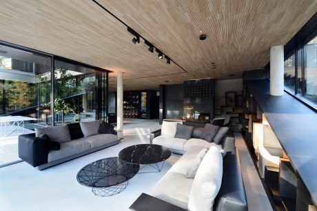 The image showcases a modern, open-plan living space with a mix of natural materials and sleek furnishings.
