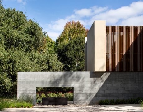 Striking architectural design featuring concrete walls, wooden slats, and lush greenery.