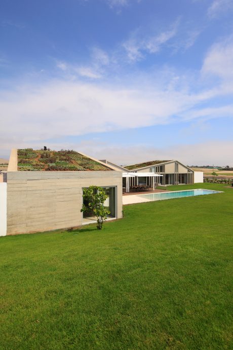 Modernist architecture with green roof, expansive windows, and a swimming pool on a lush lawn.