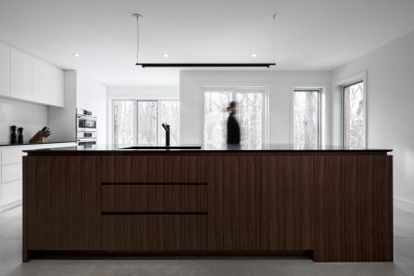 Modern kitchen with sleek dark wood cabinetry, large windows, and minimalist light fixtures.