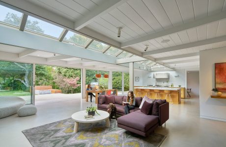 Modern open-plan living area with high ceilings, skylights, and large windows overlooking garden.