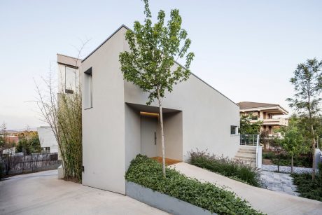 A modern, minimalist residential building with a tree growing near the entrance.
